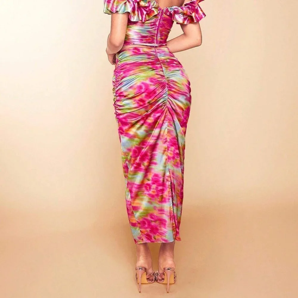 Pink Preppy Womens Tie Dye Print Ruched Bodycon Skirt - Picture 2 of 5